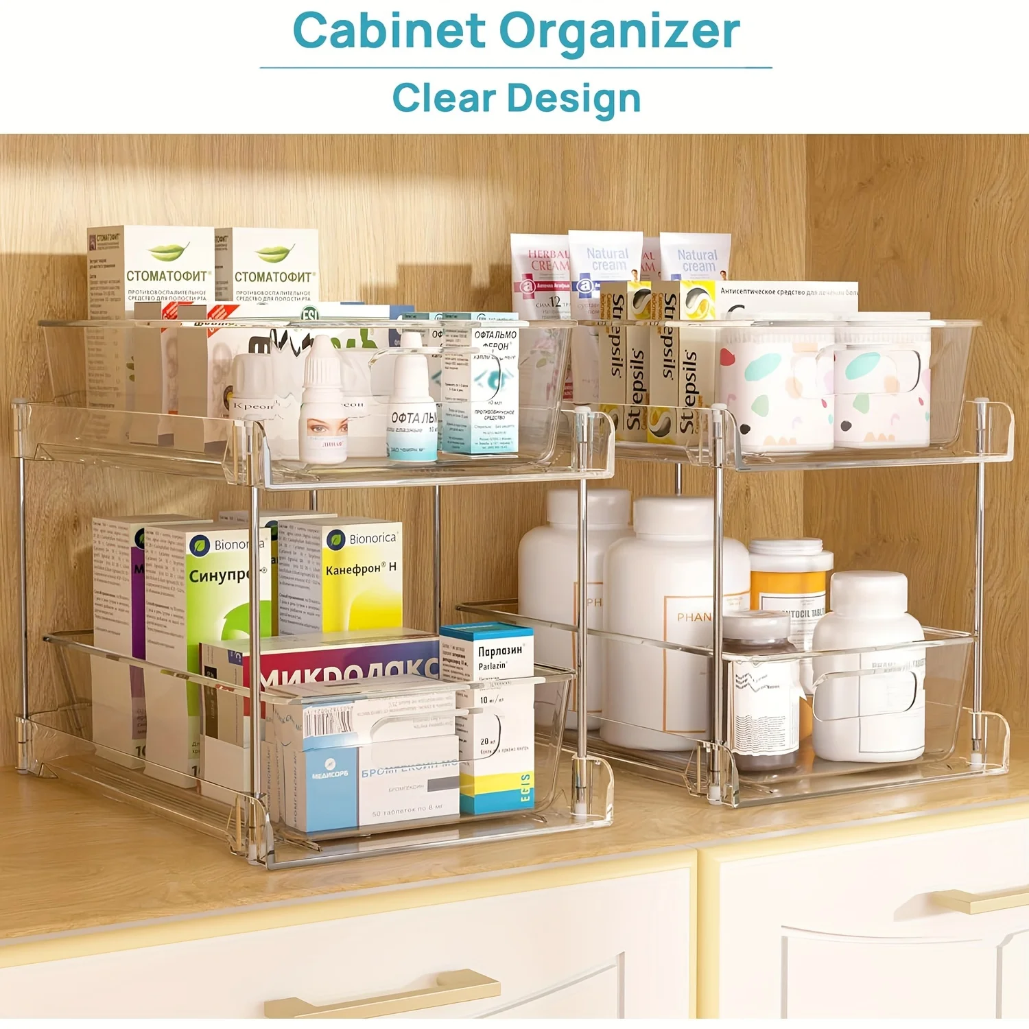 Organizzatore sotto il lavandino a 2 livelli, armadio scorrevole, cestino, cassetto, portaoggetti sotto il lavandino, organizer da cucina per bagno in acrilico  15