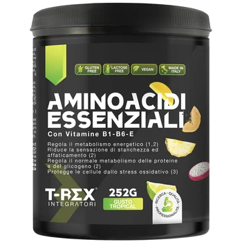 EAA Aminoacidi Essenziali con mix di vitamine B1, B6 ed E - Integratore di amminoacidi naturali vegan ottenuti da fermentazione T-Rex Integratori (Tropical, Polvere)