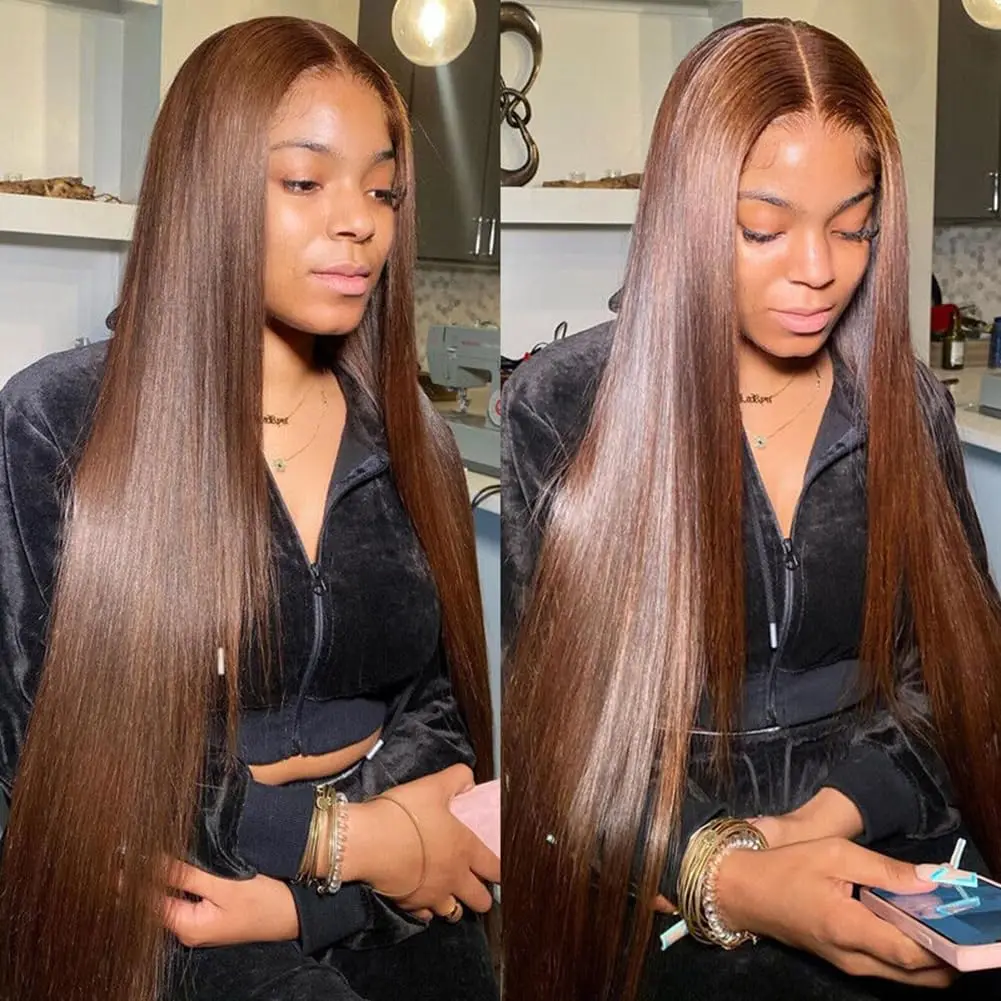 Chocolate Brown Straight Lace Front Wig Human Hair 13X6 13x4 HD Transparent Brown Lace Frontal Wigs for Women with Baby Hair 180%