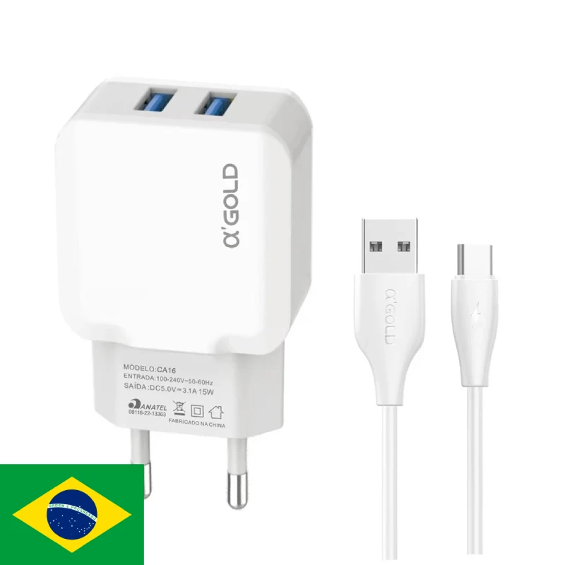 Kit Carregador De Celular com Fonte fio tipo C Turbo Duplo Usb Cabo Recarga Rápida Turbo - Entrega Rápida para Todo o Brasil