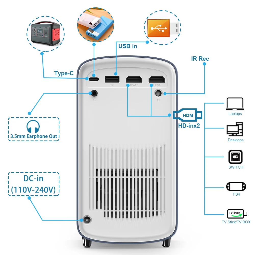 Portable projector Outdoor Projector Support Power Bank Auto Focus 4K Android Home Theater WIFI BT Portable Projector Type C For Traveling Camping