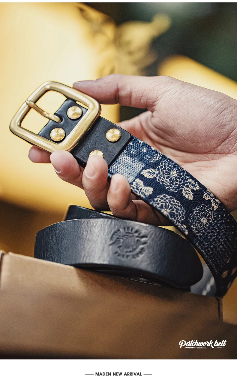 Maden New Cowhide Material Ancient Cloth Printed Vegetable Tanned Belt Boro Style Cowhide Pin Buckle Retro Belt for Men