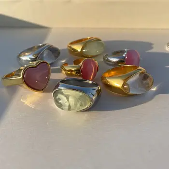 Uworld Retro-inspired Jelly Heart Cabochon Gemstone Ring Stainless Steel Gold Silver Wear Solo or Stack With Other Chunky Pieces 1