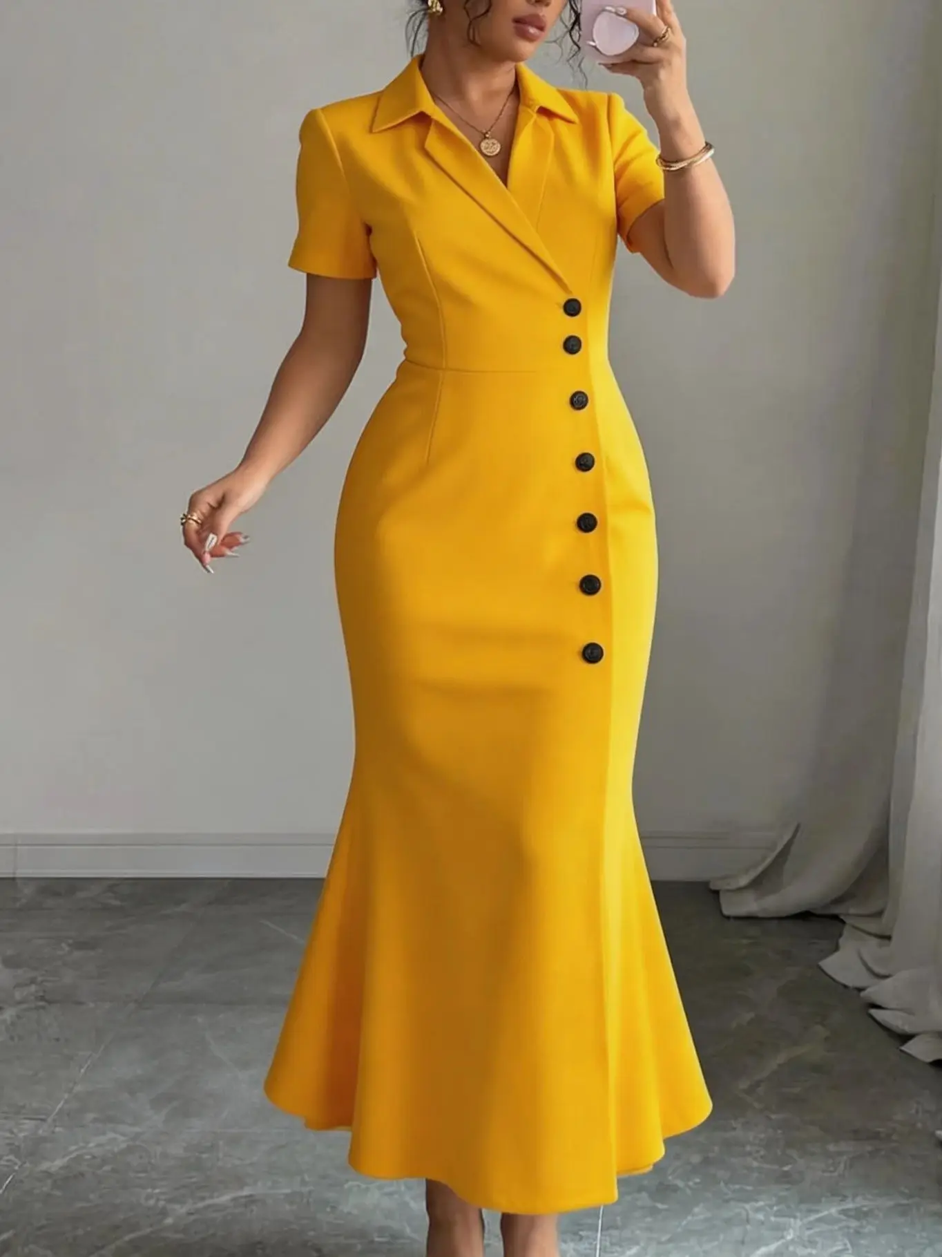 Elegant Solid Color Short Sleeve Button-Up Neck Midi Dress Casual Slimming Women's Dress Waist-Cinching Slimming 1