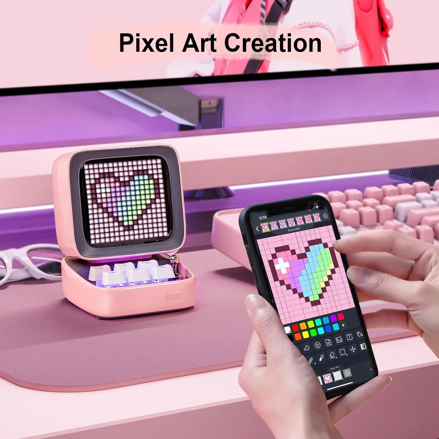 Ditoo 블루투스 스피커, 레트로 픽셀 아트 게임, 16X16 LED 앱 제어 전면 스크린 핑크, DIY LED 디스플레이 보드