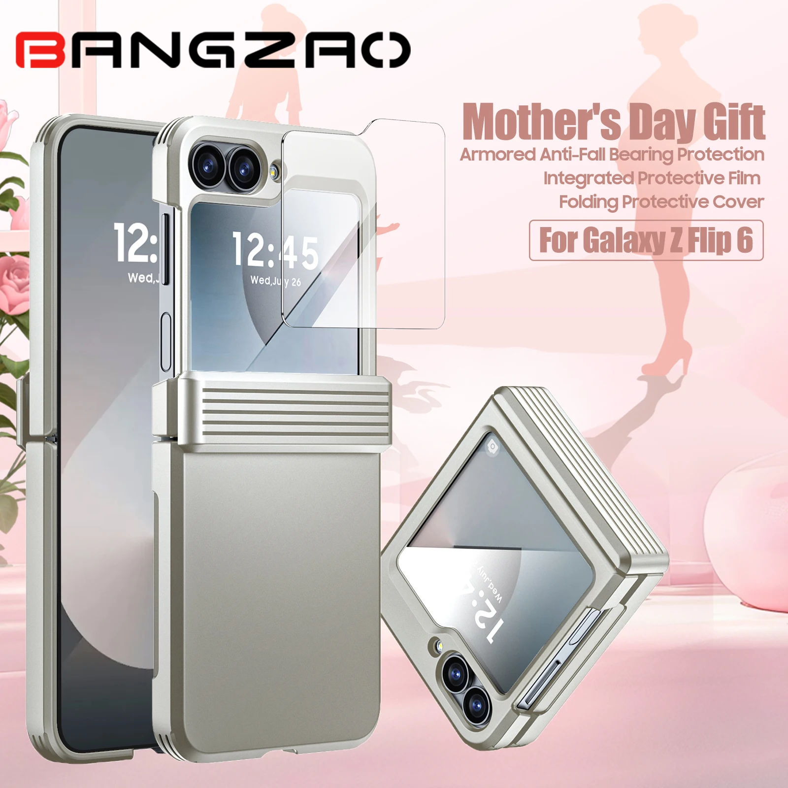 Mother's Day Gift for Galaxy Flip 6,Armored Anti-Fall Bearing Protection,Integrated Protective Film Folding Phone Case(Titanium）