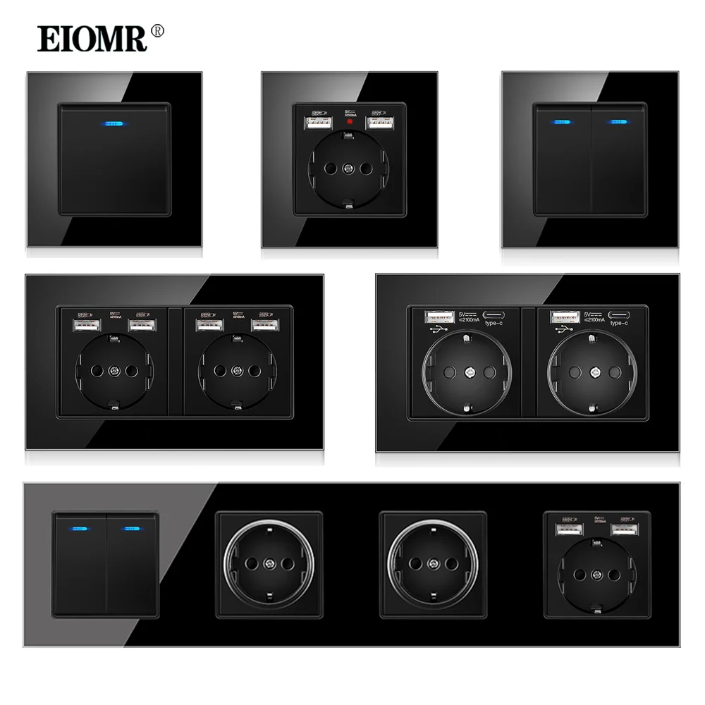 Eiomr-painel de Vidro de Cristal Temperado Tomada de Parede Triplo Quádruplo Tomada de Energia Painel Preto Usb 5v 2.1a ac 110250v 16a Padrão da ue
