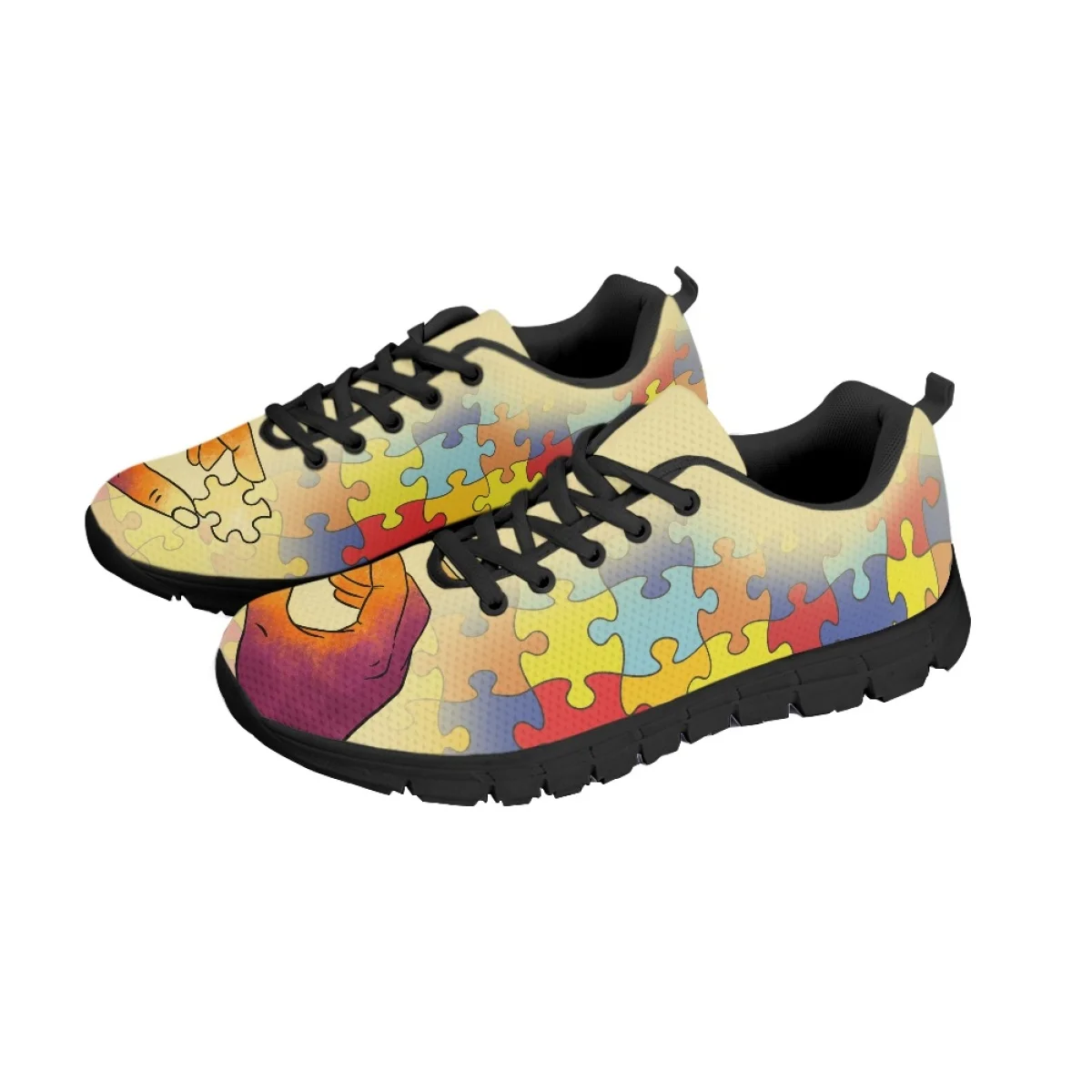 Lightweight Lace up Running Shoes for Women Autism Awareness Puzzle Pattern Mesh Sneakers Ladies Wear Resistant Tennis Footwear