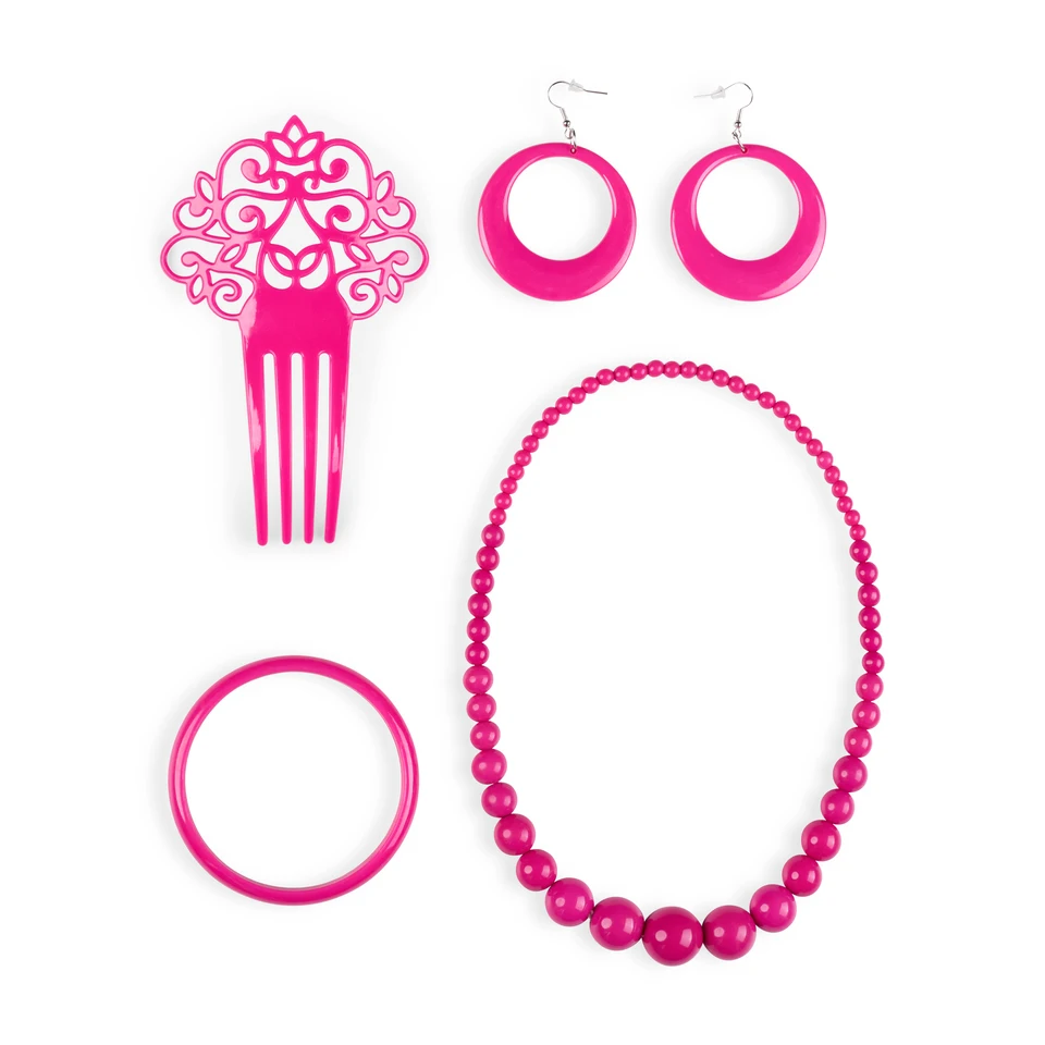Parure Flamenca Rouge Et Rose : Peigne, Collier, Bracelet Et Boucles D'oreilles Pour La Feria De Séville