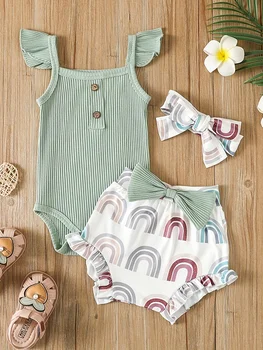 Summer Newborn Baby Girl Clothes Set  Sleeveless  Bodysuit  Printed Shorts  3pcs Clothing Suit Baby Girl Clothes 1
