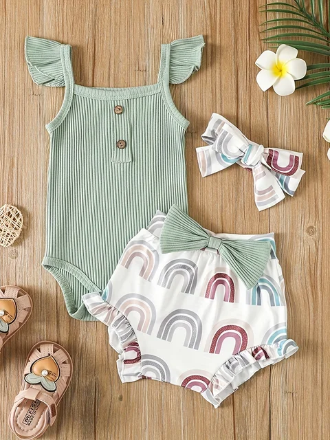 Ensemble de vêtements d'été pour nouveau-né fille, costume en fibre de carbone, short imprimé, vêtements trempés, 3 pièces 1
