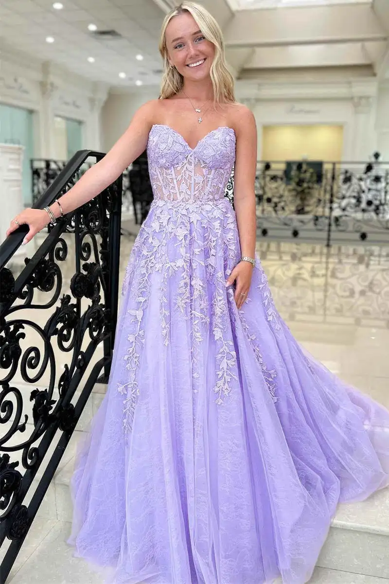 

A Line Sweetheart Corset Prom Dress With Split Appliques Sweet Tulle Formal Evening Gown Bodice Party Bridesmaid Dresses