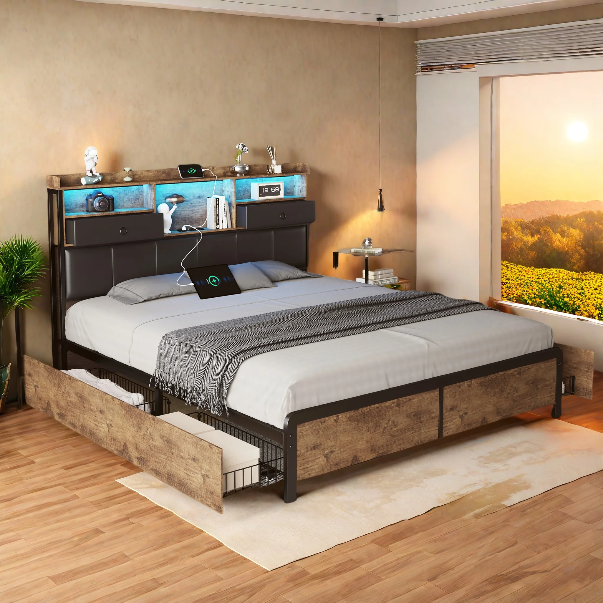 Łóżko z oświetleniem LED, zagłówkiem i funkcją ładowania 160×200 z EU za $311.68 / ~1139zł