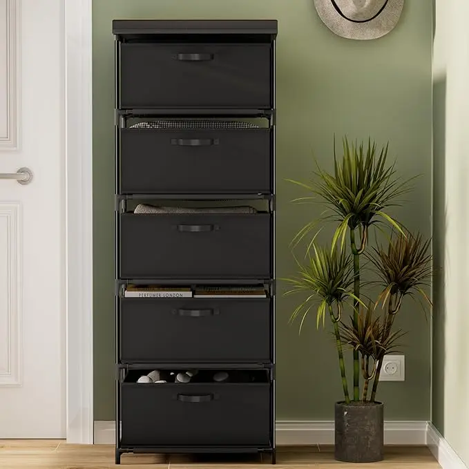 5-Drawer Fabric Dresser & TV Stand - Solid Wood & Sturdy Metal Frame - Compact Storage Cabinet for Bedroom, Dorm or Entryway 6