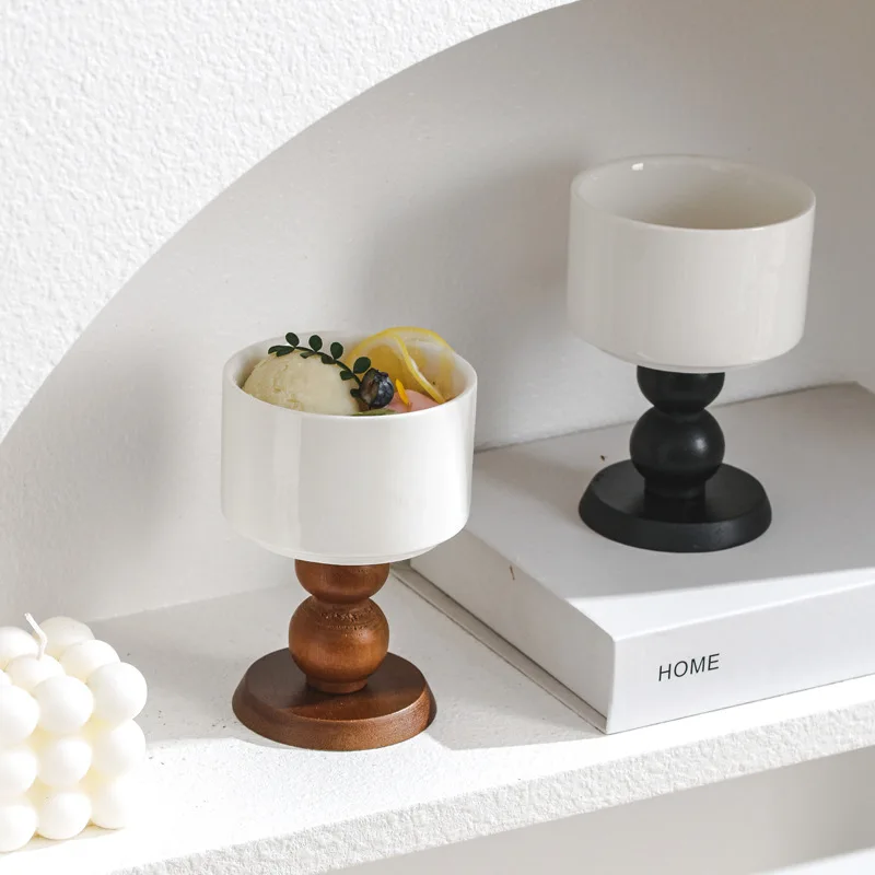 French Vintage Dessert Ice Cream Ceramic Goblet High-legged Retro Wooden Handle Tea Fruit Saucer Pudding Cup Candle Holder