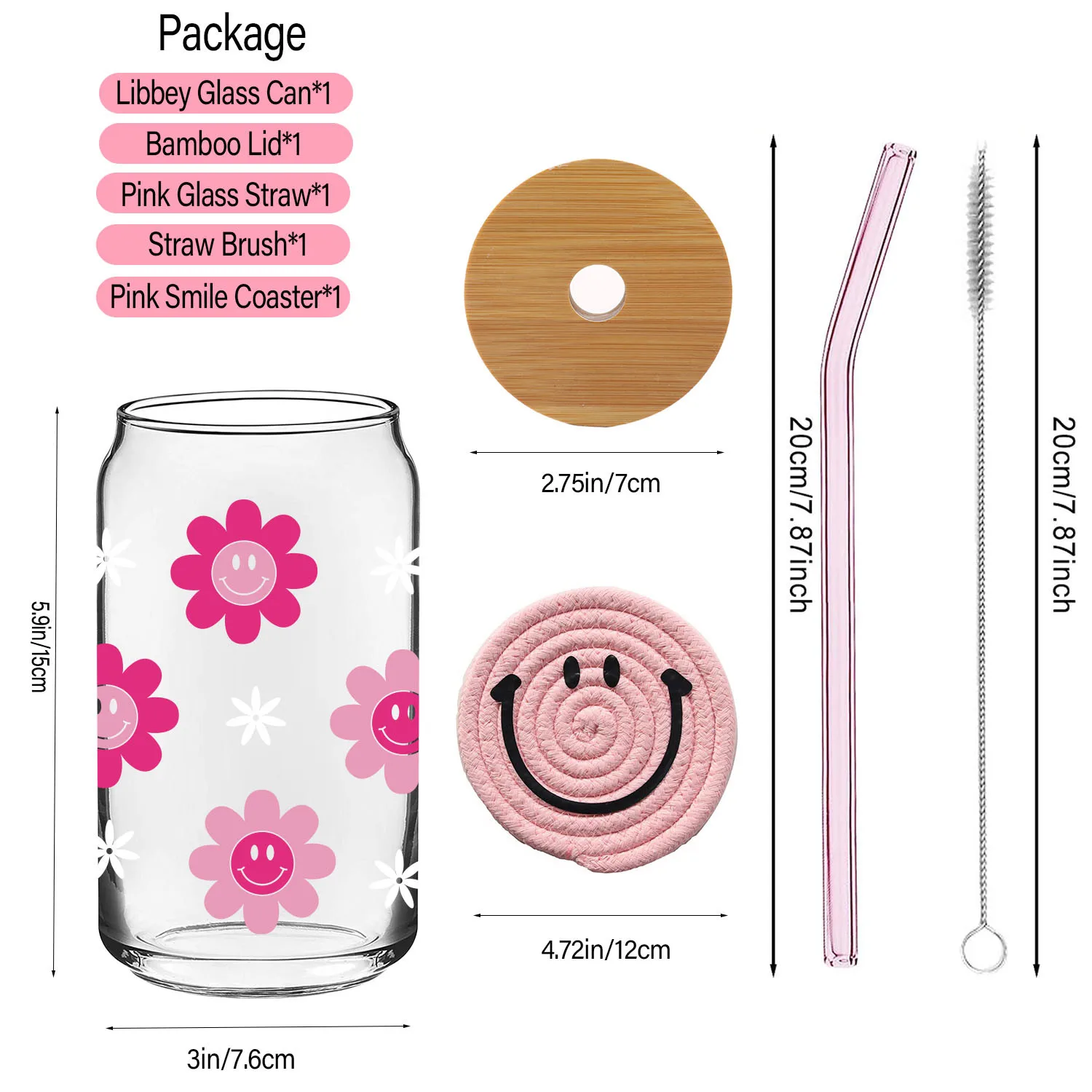 Smiley Daisy Glass Tumbler With Straw and Lid, Cute Cup Beer Can Iced  Coffee Glass Cup With Lid and Straw, 16oz Glass Can Mason Jar Cup 