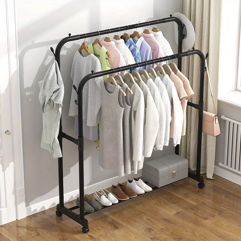 Double-Layer Clothes Drying Rack with Shoe Storage Shelf–Organizer Shelf,Floor Standing Design for Bedroom,Balcony,or Bathroom 4