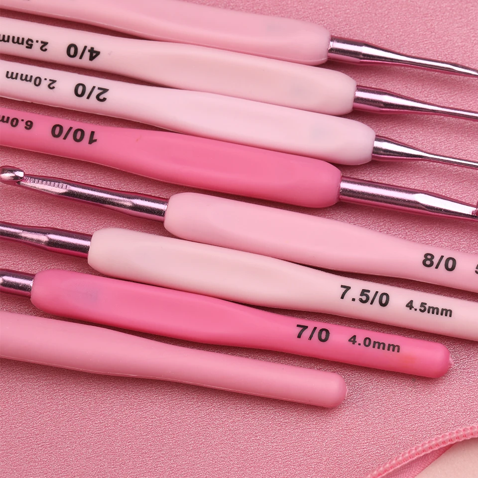 9pcs/set Handle Pink Crochet Hook Set Aluminum 1.0-10mm Knitting