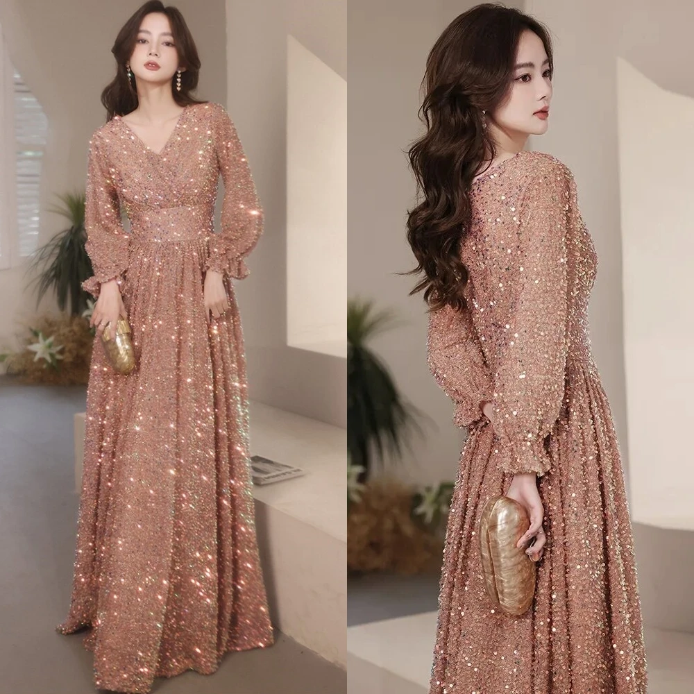 

Prom Dresses Elegant V-Neck A-Line Floor-Length Sparkly Sequin Women Formal Occasion Gown robe pour cérémonie de mariage