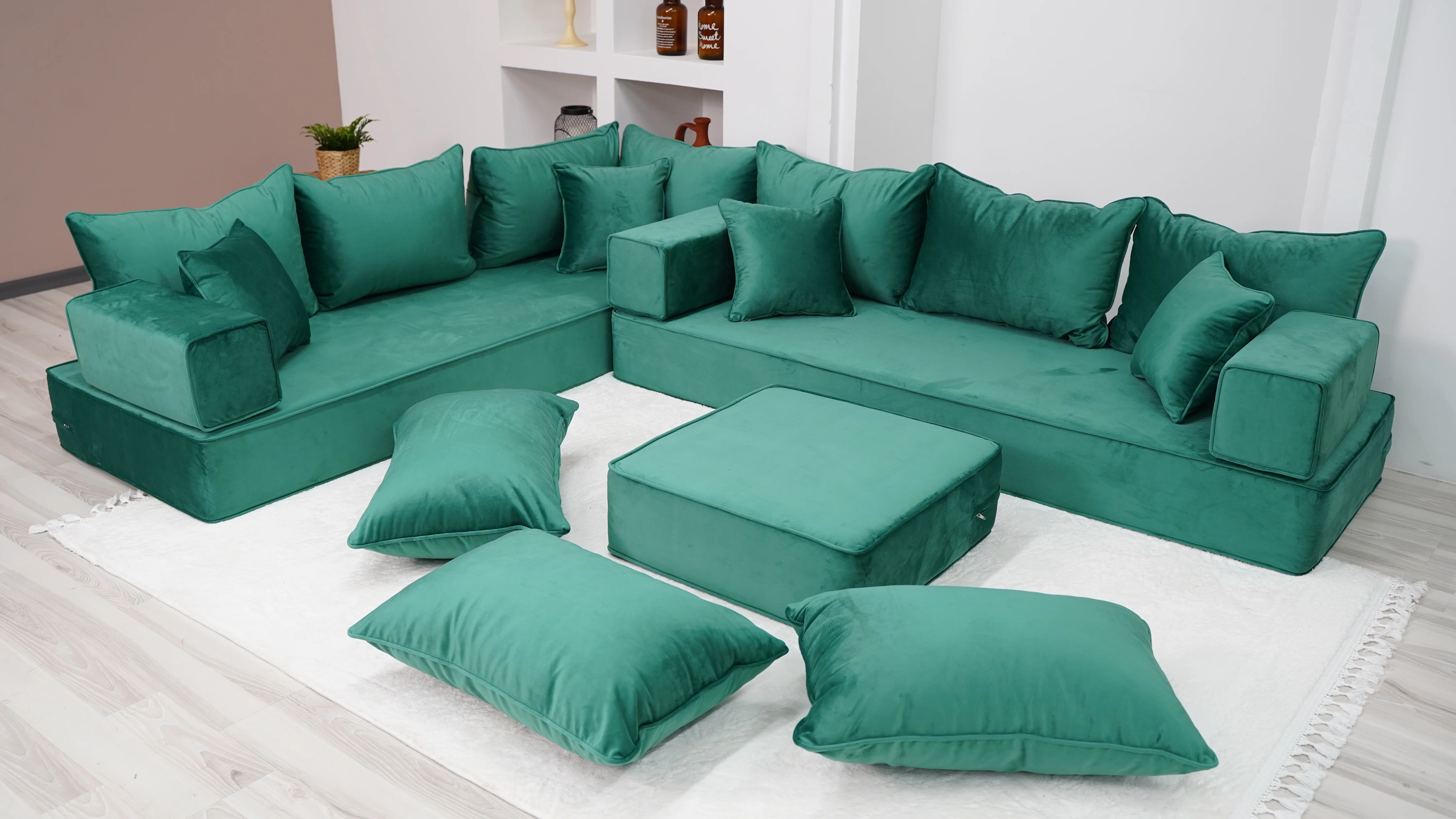 

8" Thickness L Shaped Floor Seating Couch, Moroccan Livingroom Sofas, Arabic Seating Couch, Emerald Green Velvet Sofa