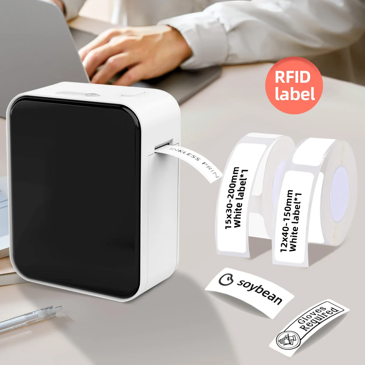 Imprimante d'étiquettes portable P7, machine de fabrication d'étiquettes de texte avec imprimante thermique et ruban adhésif pour vêtements (blanc), chargement USB, comprend 2 rouleaux