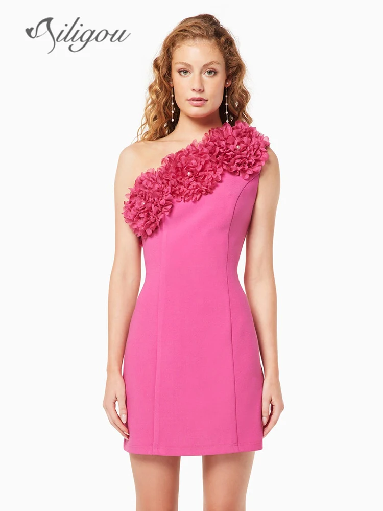 

Новинка 2023, летнее женское облегающее мини-платье Ailigou на одно плечо, без рукавов, с объемными цветами, элегантное женское платье знаменитости