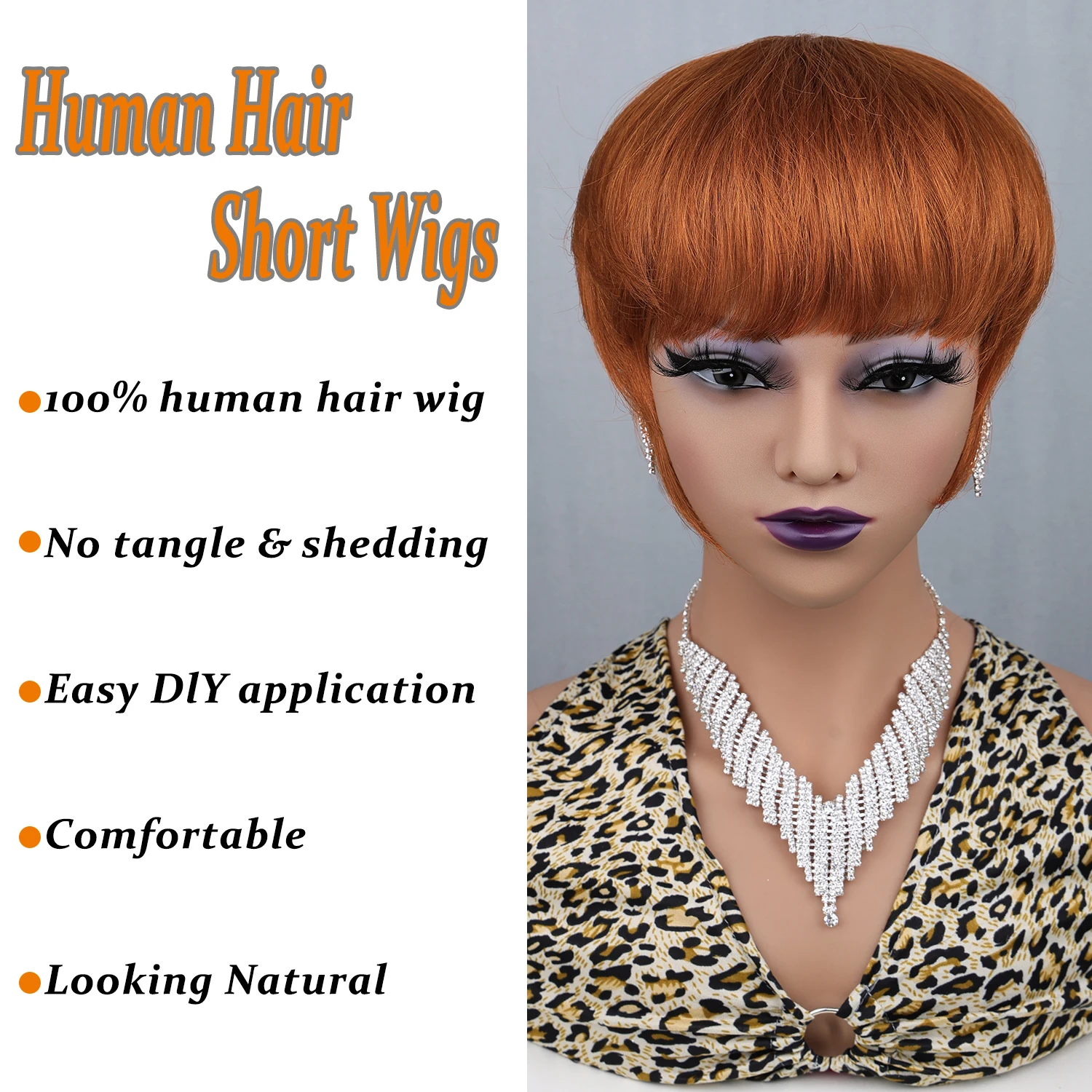 Pixie Wigs Human Hair Glueless Short Wigs with Bangs Layered Pixie Cut Remy Human Hair Full Machine Made for Women