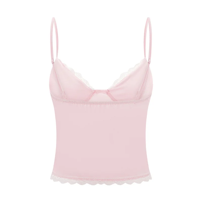 y2k Lace Trim Crop Top Women Summer Sexy V Neck Spaghetti Strap Sleeveless Tanks with Bow 2000s Clothing Streetwear