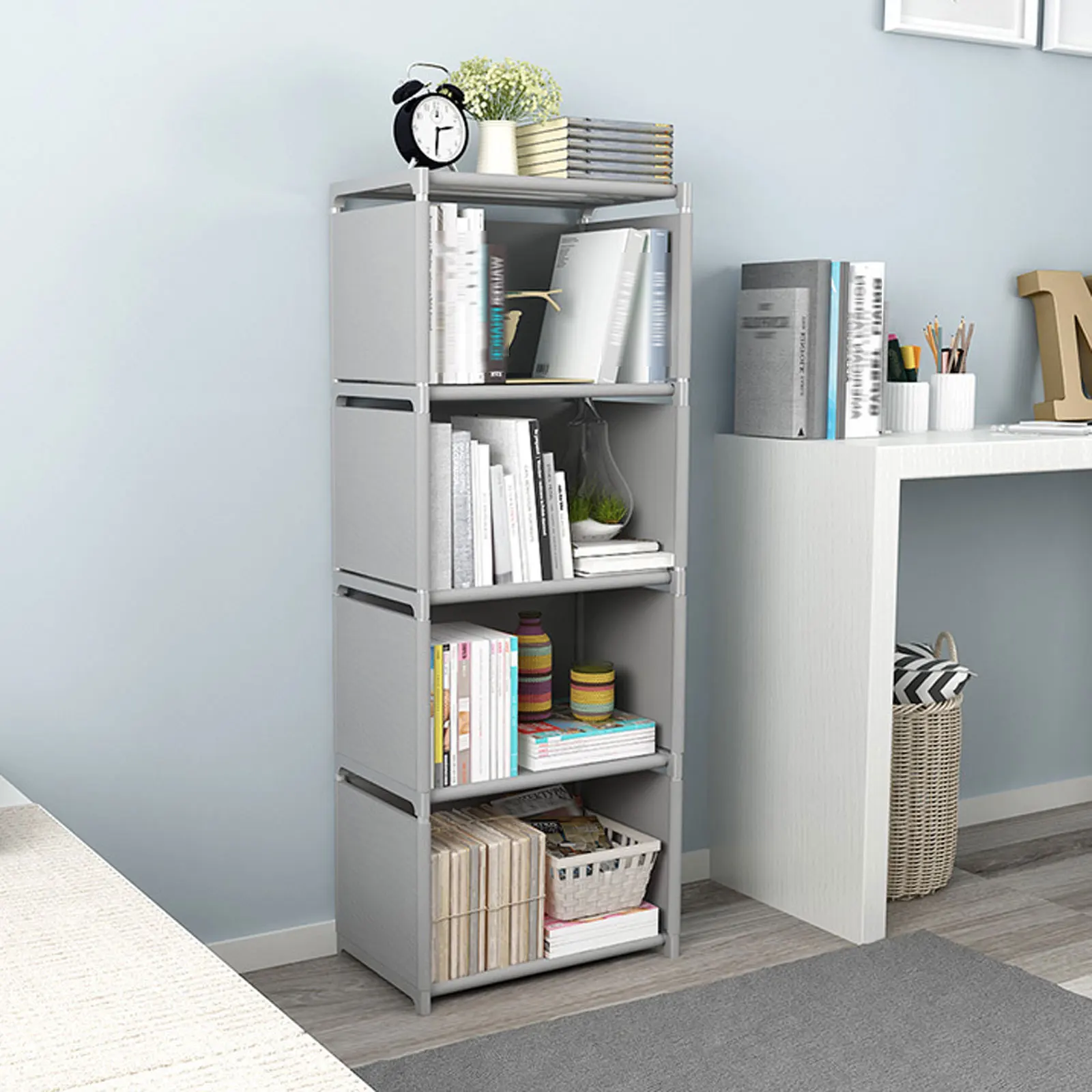 4-Tier Bookcase Wall Bookshelf Leaning Wall Shelf Shelving Ladder Storage Home Metal &Woven Fabric Grey Strong Bearing Capacity 2