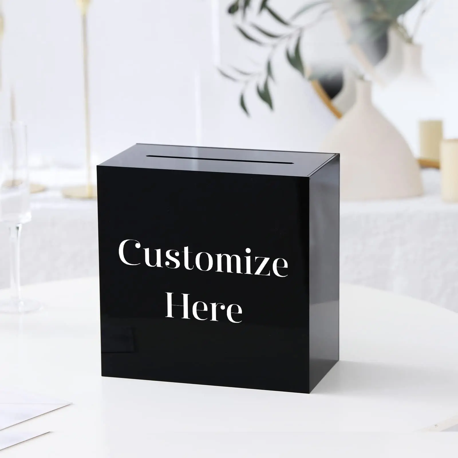 Black Acrylic Wedding Card Box with Slot, Wedding Receptions Wishing