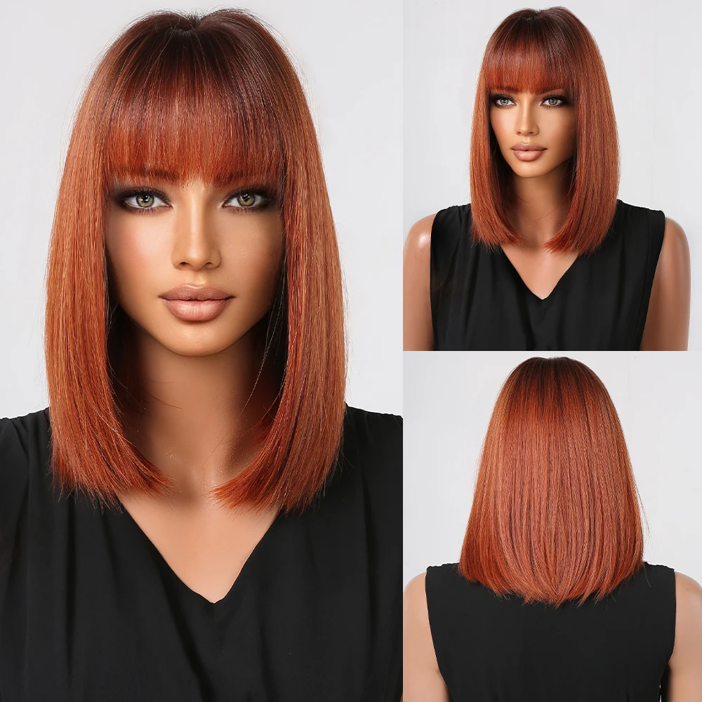 

Red Brown Bob Wigs with Bangs Ombre Short Straight Women's Wig Dark Root Heat Resistant Synthetic No Lace Wigs Daily Cosplay Use