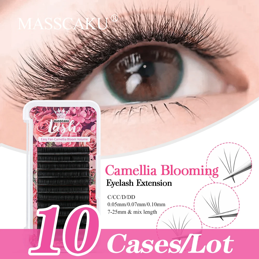 

10case/lot MASSCAKU Camellia Auto Blooming Lashes Extension Faux Mink Soft Silk Easy Fanning Eyelashes Mega Volume Lash Tray