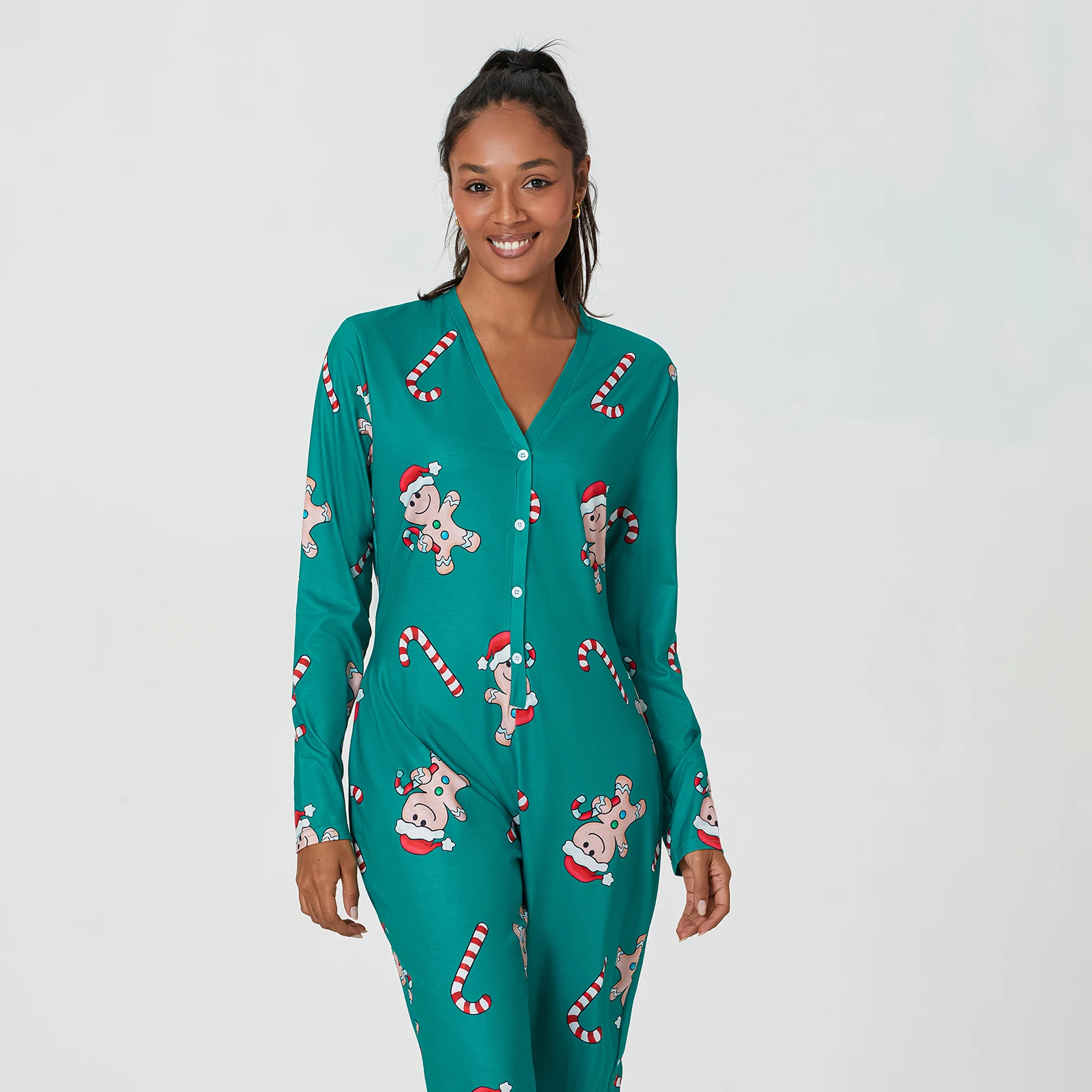 Women Pajamas Jumpsuit Buttons V Neck Long Sleeve Christmas Cartoon Printed Sleepwear Home Wear S/M/L/XL/XXL