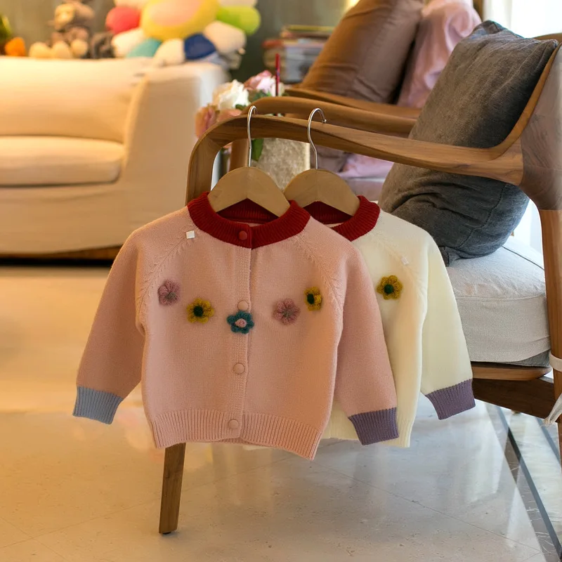 

2023 Autumn Knitted Sweater Coat for Kids Girls New Floral Crew Neck Long Sleeve Cardigan Child Casual All-match Knitwear Tops