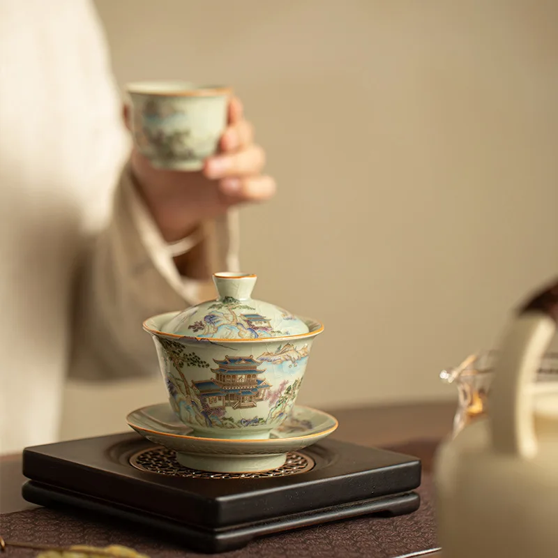 Palace Ru Yao Porcelain Gaiwan Set for Tea Tureen Teaware Cup Chinese Yellow Bowls Chawan Tea Ceremony Set Lily Deng's Store