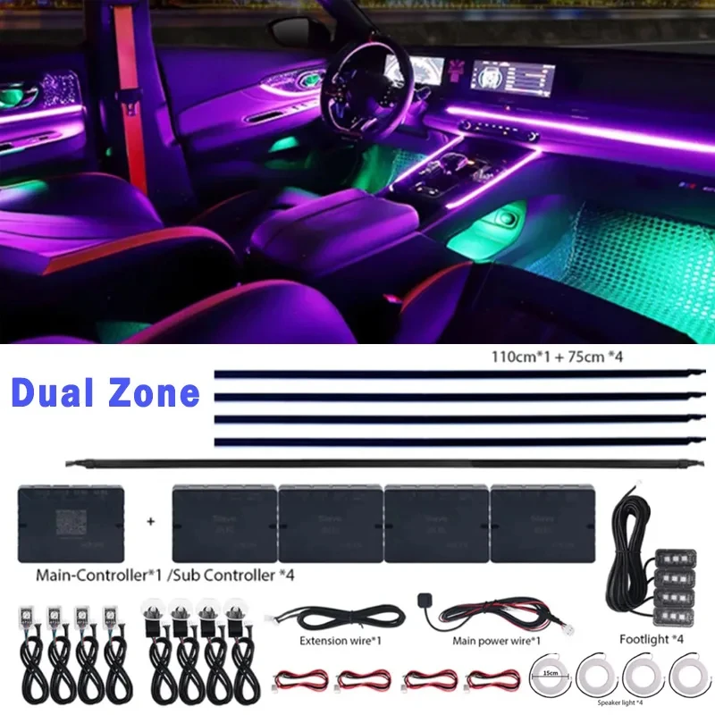 차량용 LED 주변 조명, RGB 64 색 네온 앱, 범용 인테리어 아크릴 스트립, 자동 장식 램프 키트, 12V 듀얼 존, 18/22 in 1