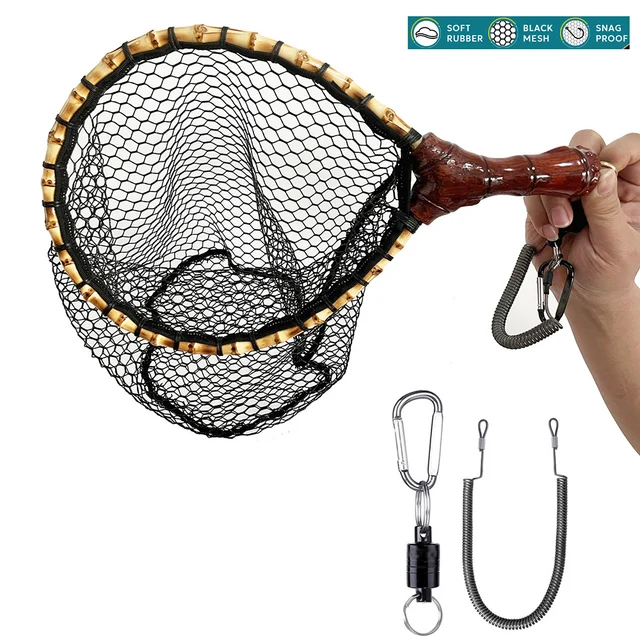 Fly Fishing Landing Net with Wood Handle, Wooden Frame, Soft Rubber Mesh, Waterproof Nylon Nets with Magnetic Release