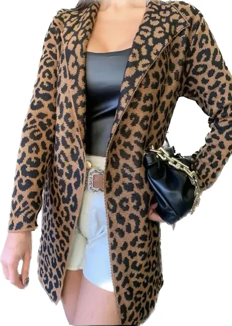 Tricô cardigan feminina manga longa de onça