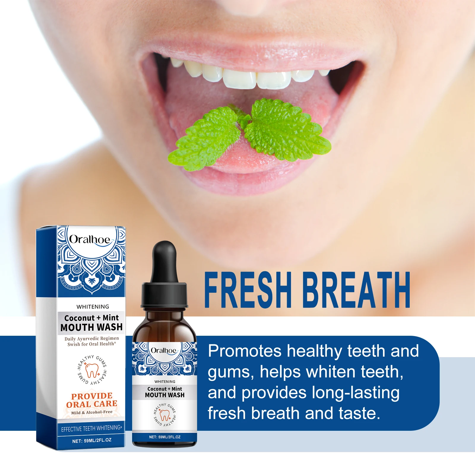 Oralhoe Oral Health Teeth Rinse Deep Clean Mouth Fresh Deodorizing & Whitening Teeth Stain Removing Coconut + Mint Mouth Wash