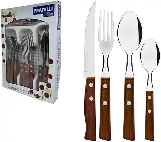 Jogo De Talher Faqueiro Madeira Com 25 Peças Inox Porta Talheres Cozinha Gourmet - Entrega Rápida Para Todo o Brasil