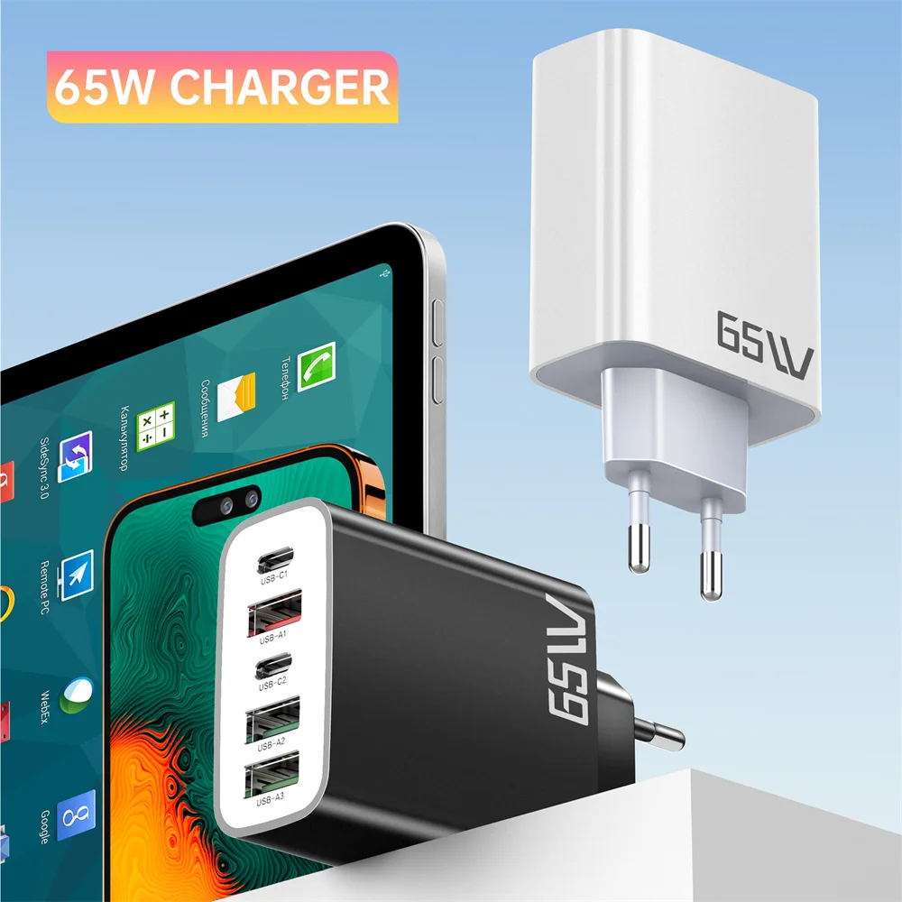 65W 5 Ports Fast Charging Charger USB C PD Quick Charger High Speed Charger Phone Type C Wall Adapter for iPhone Samsung Xiaomi