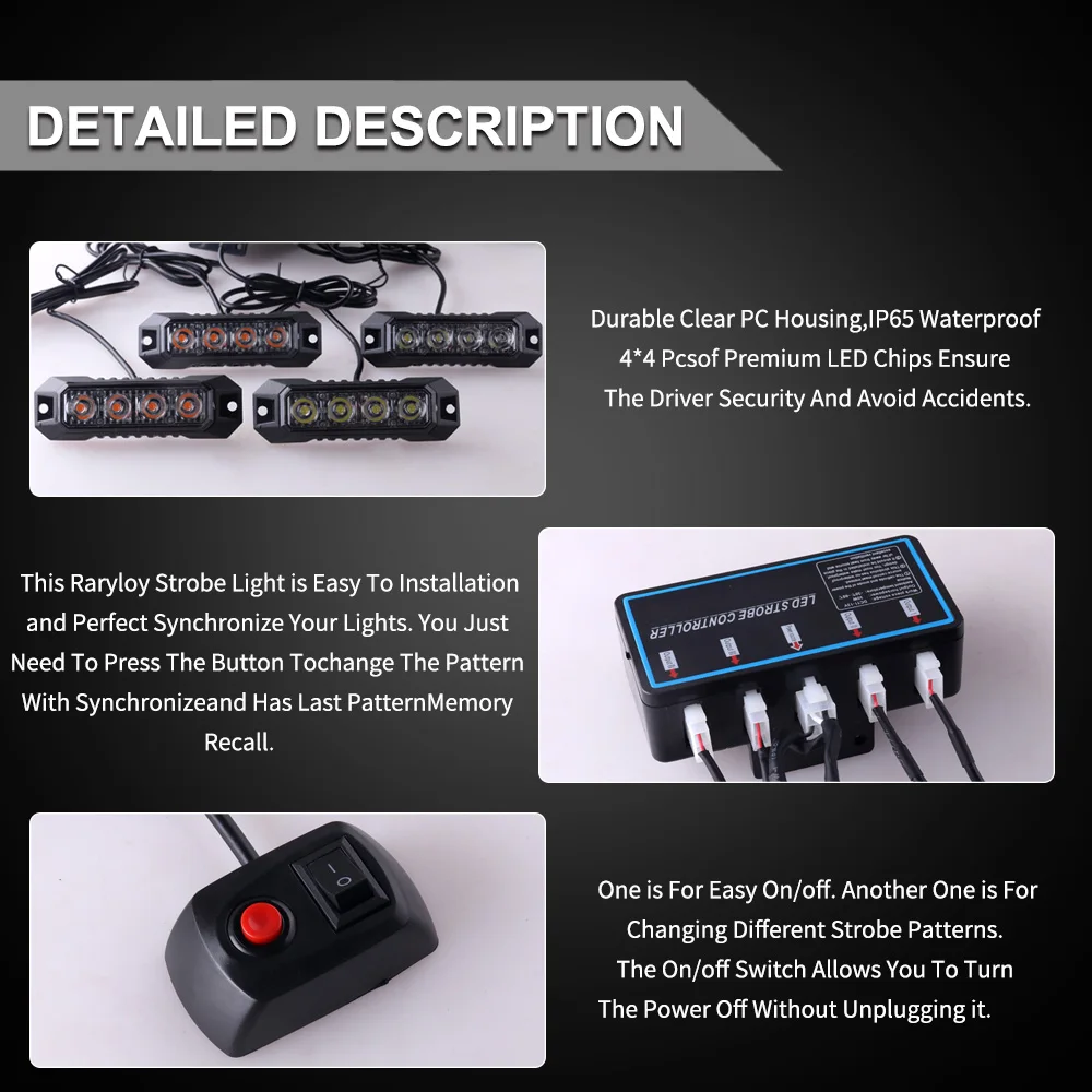 4-LED Car Universal Emergency Strobe Flashing Grill Lights Flashing Amber Light For Car Truck Van Off Road Vehicle Road Safety