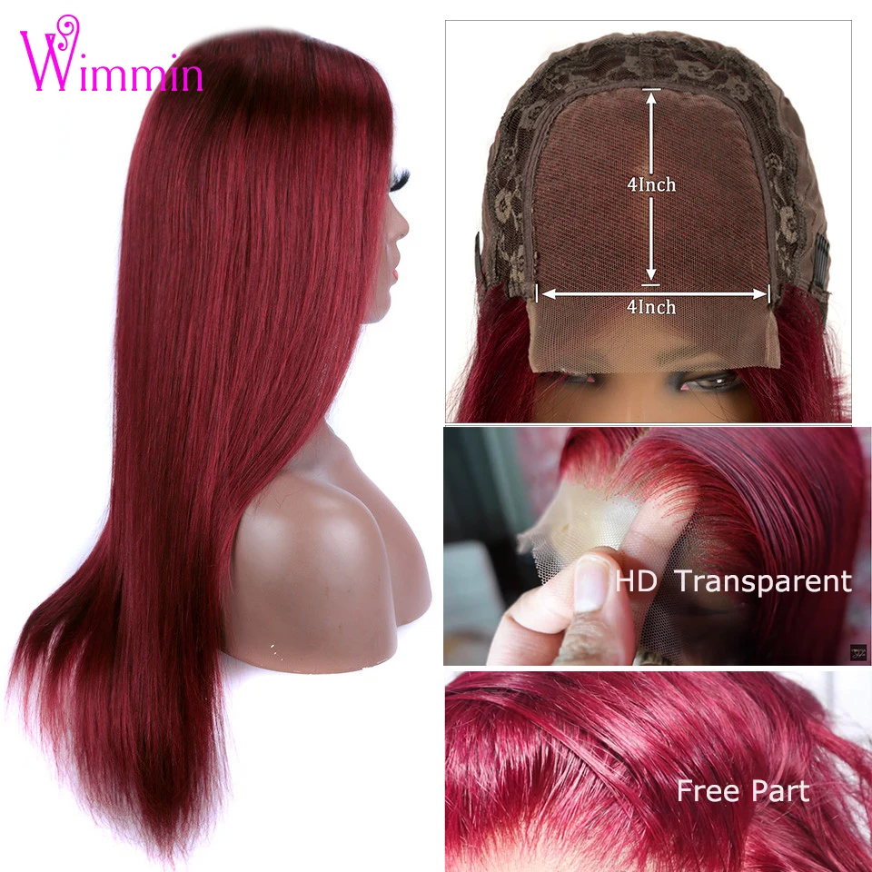 Burgundy Lace Front Human Hair Wigs 99J Straight HD Transparent 4X4 Lace Closure Wig For Women Pre Plucked Remy Colored 30inch