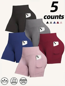 5 Pack Women's High Waisted Biker Shorts with Pockets - Tummy Control No See-Through Workout Gym Shorts - Super Soft High-Elas
