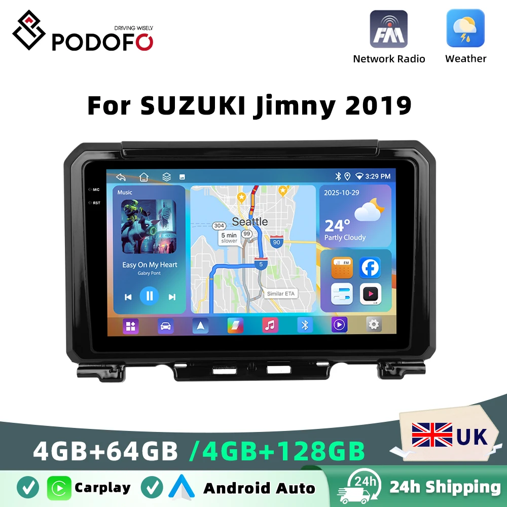 Podofo 4GB+64GB Car Stereo For SUZUKI Jimny 2019 Wireless Carplay Android Auto Multimedia Video Player Mirror Link 9'' GPS WIFI