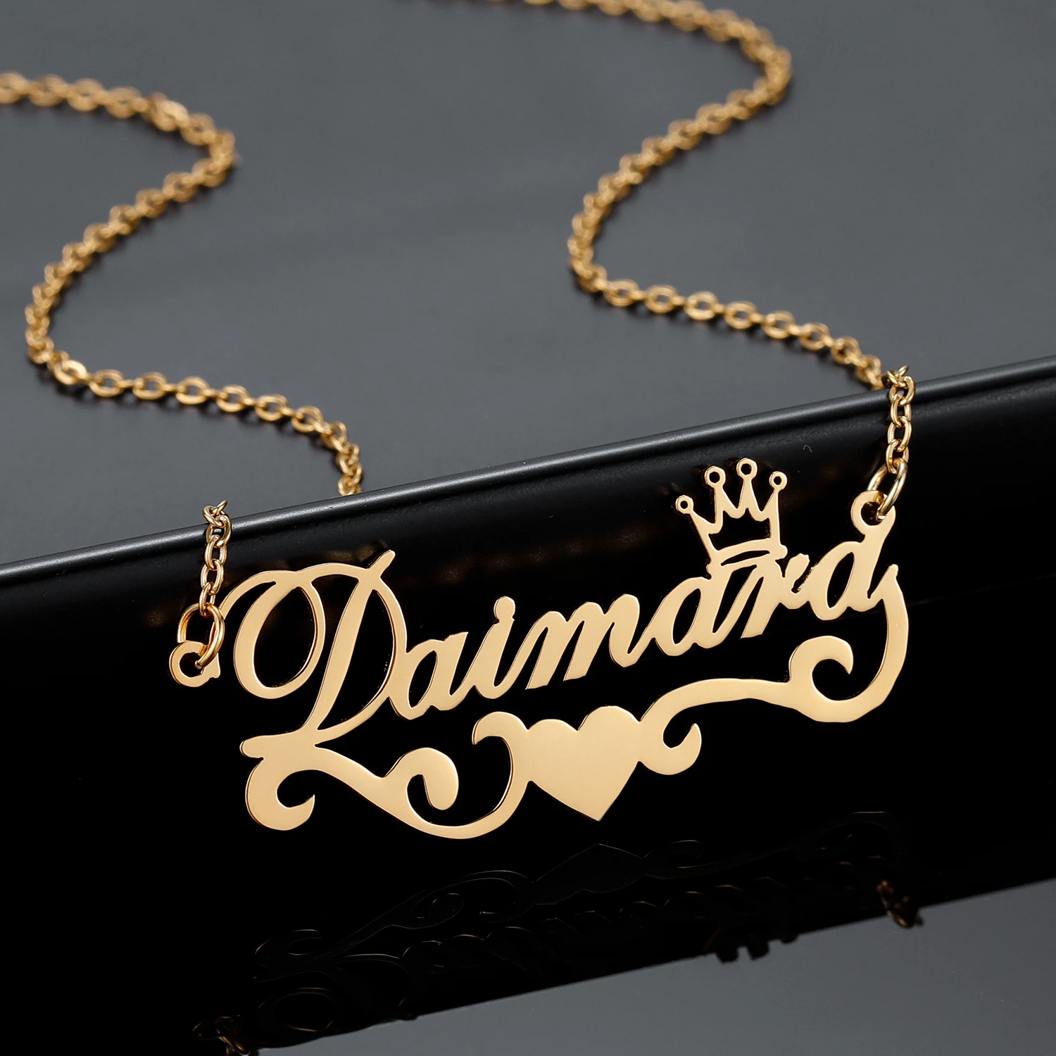 

Custom Crown Name Necklace Gold Stainless Steel Chain Personalised Heart Symbol Pendant For Women Girl Jewelry Christmas Gift