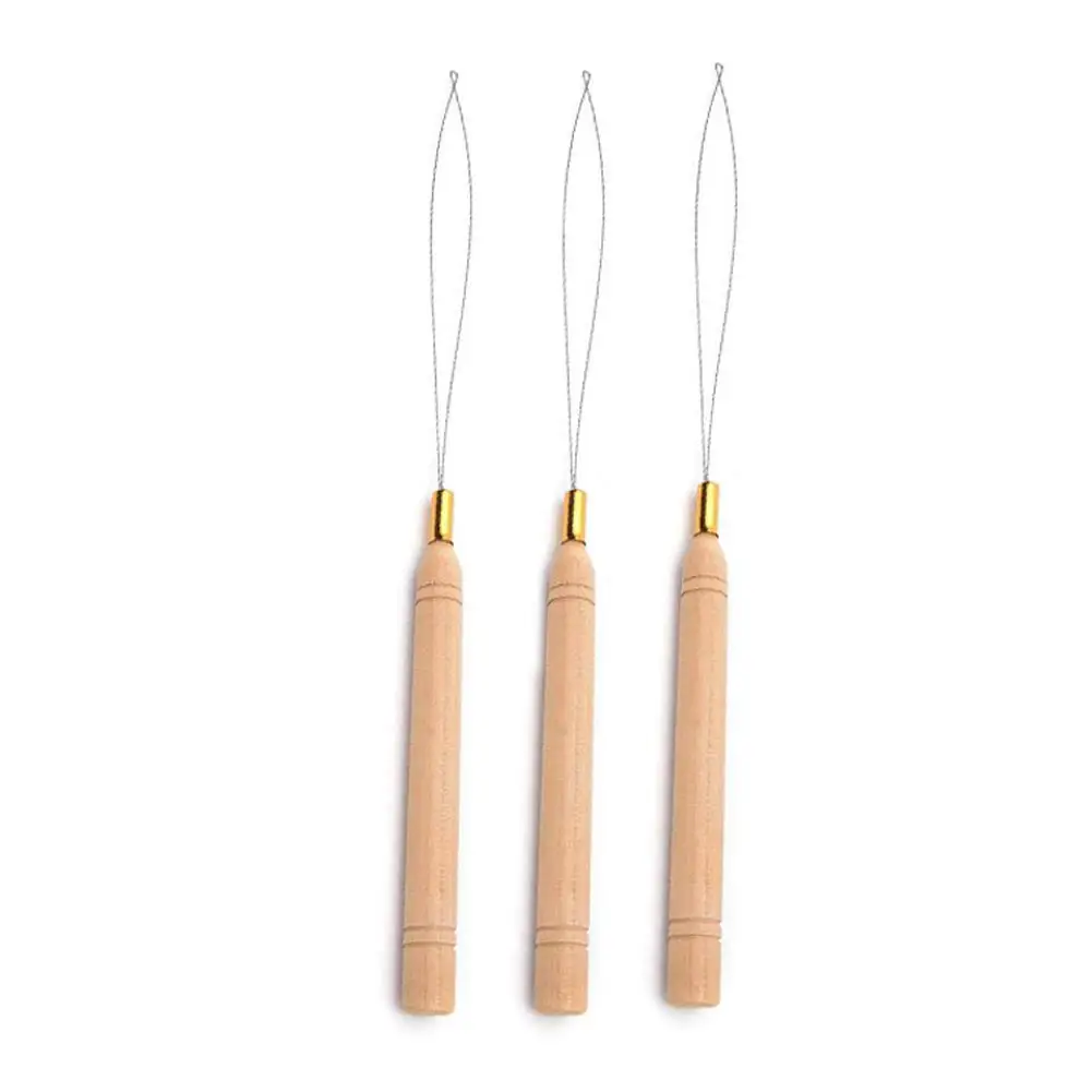 Hair Extension Tool 3pcs Hair Extension Loop Needle Threader Pulling Hook Tool Bead Device Tool Hair or Feather Extensions-Wooden and Stai