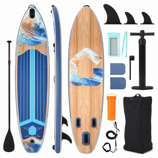 11' Inflatable Stand Up Paddle Board, 500LBS Weight Capacity, Wide Stand Up Paddle Board with Premium SUP Accessories, Non-Slip EVA Deck, for Adults & Youth of All Skill Levels, Dark Wood Grain