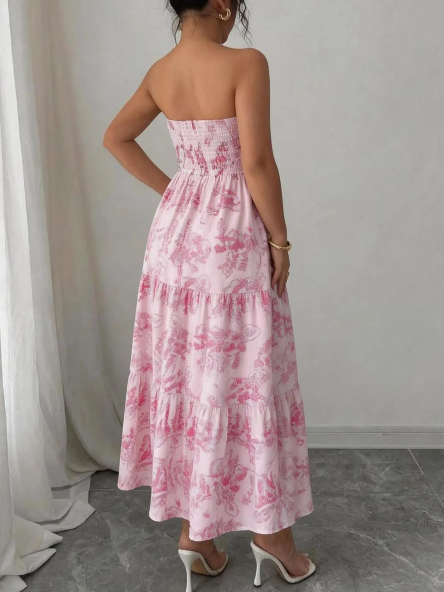 Women's Elegant Floral Print Double Strap Dress, Halter Neck Ruched Off Shoulder Backless Dress, Sweet Vacation Beach Party Outf 2