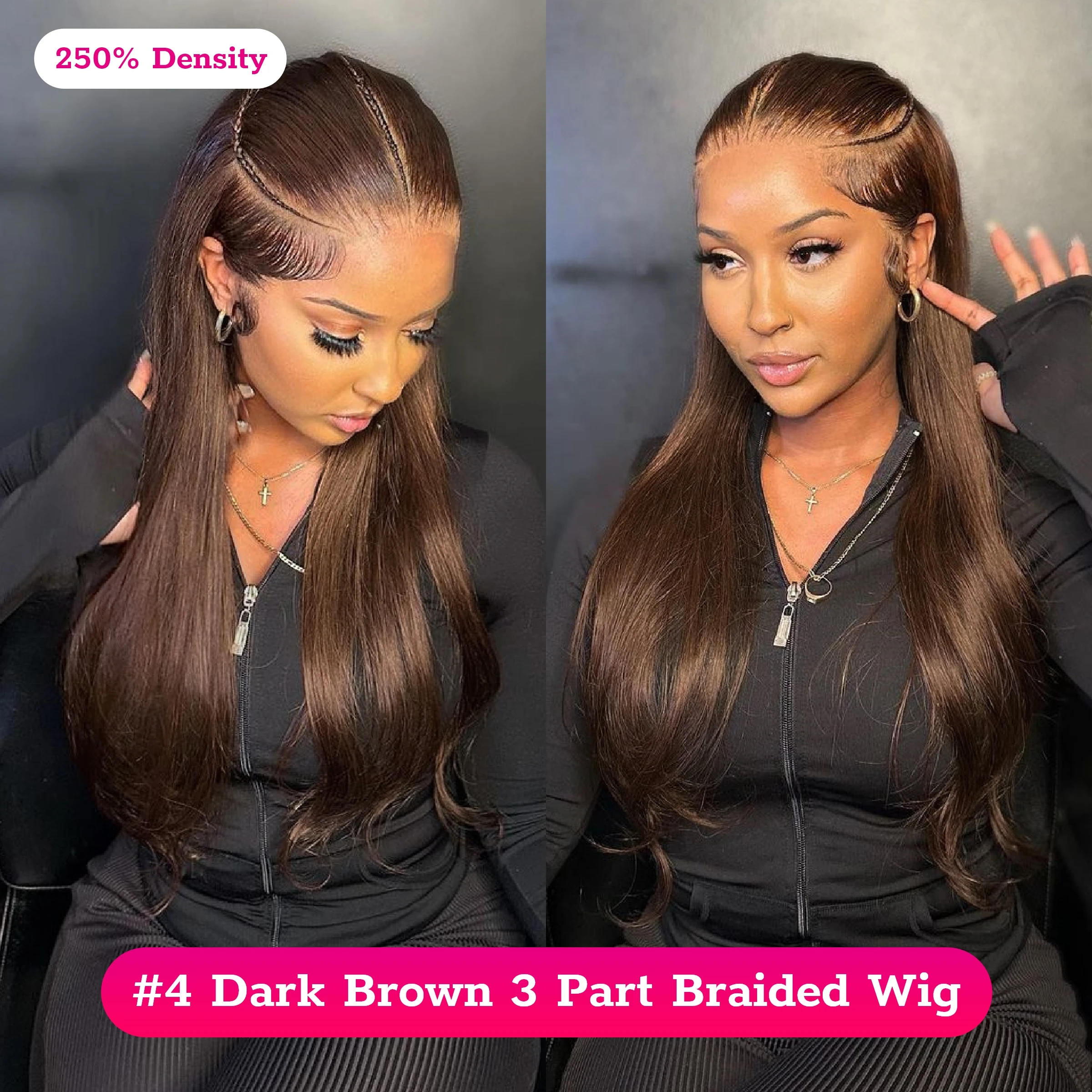 AliPearl Hair-Perruque droite pré-tressée en 3 parties brun foncé, densité 250%, 13x4, pre-c 1 AliPearl Hair-Perruque droite pré-tressée en 3 parties brun foncé, densité 250%, 13x4, pre-c 1